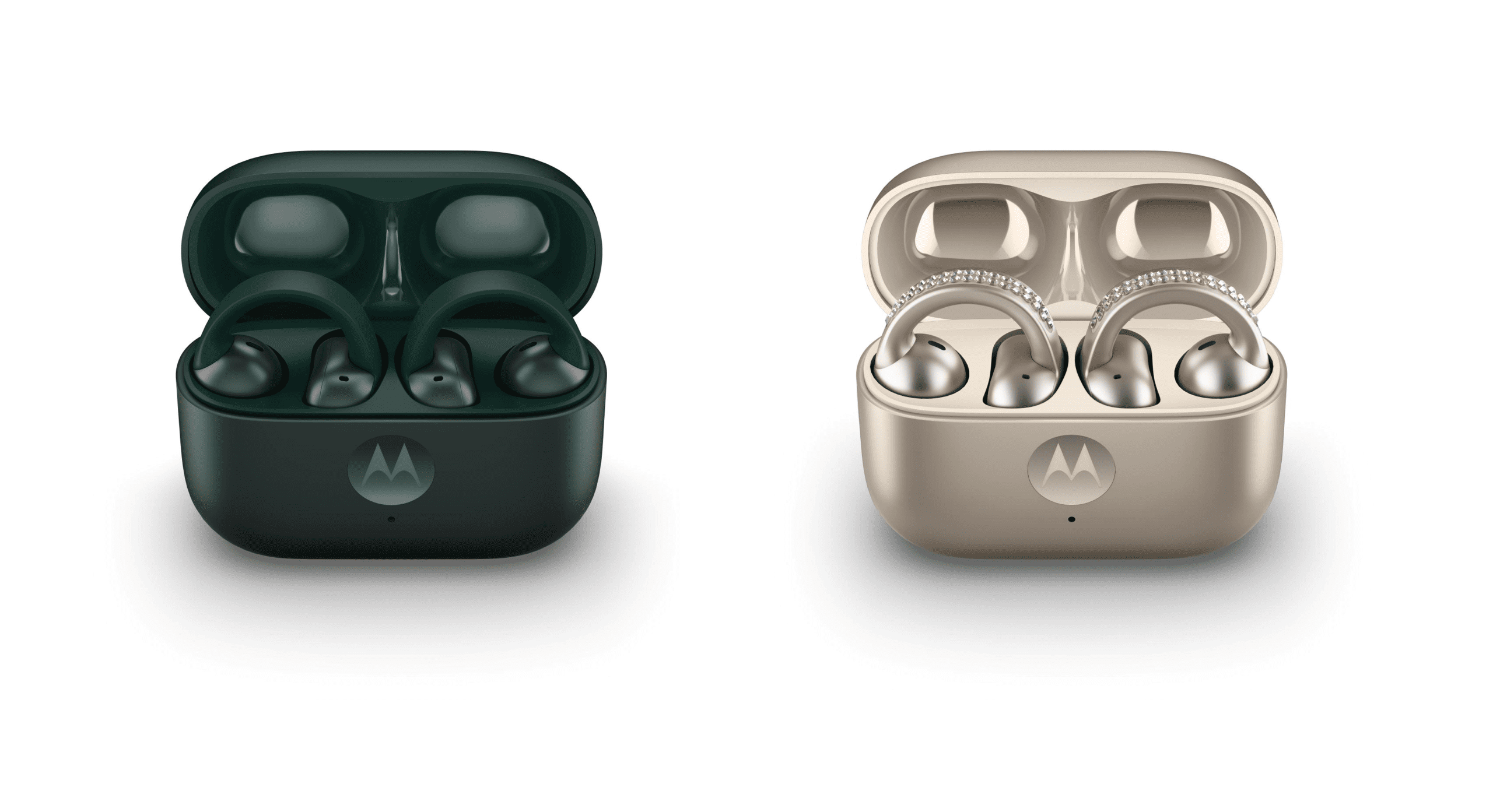 an image of the front of the open cased, moto buds loop in pantone-curated trekking green and french oak with Swarovski crystals
